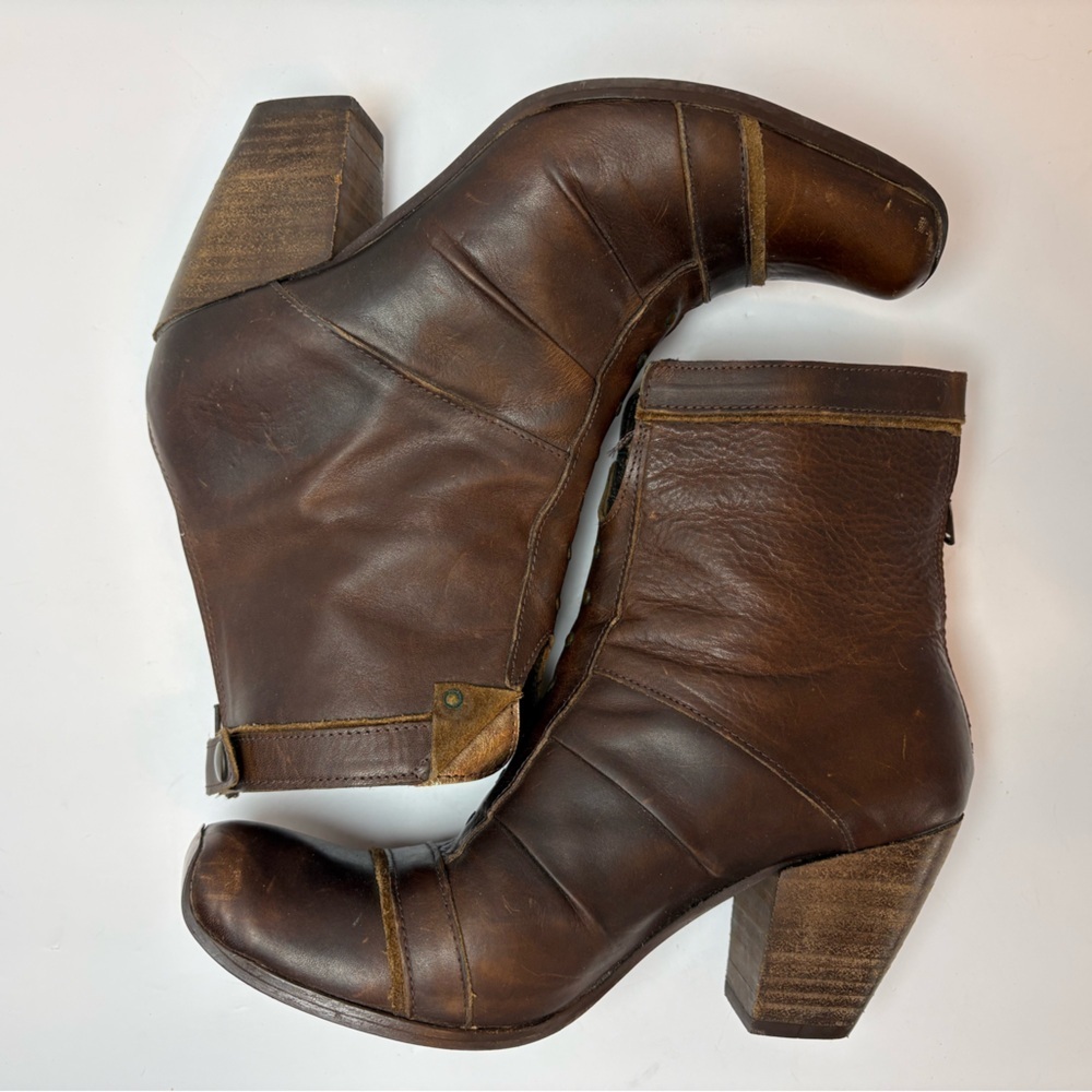 Vintage boho pirate women’s brown horizontal leather boots block heel sq toe 9